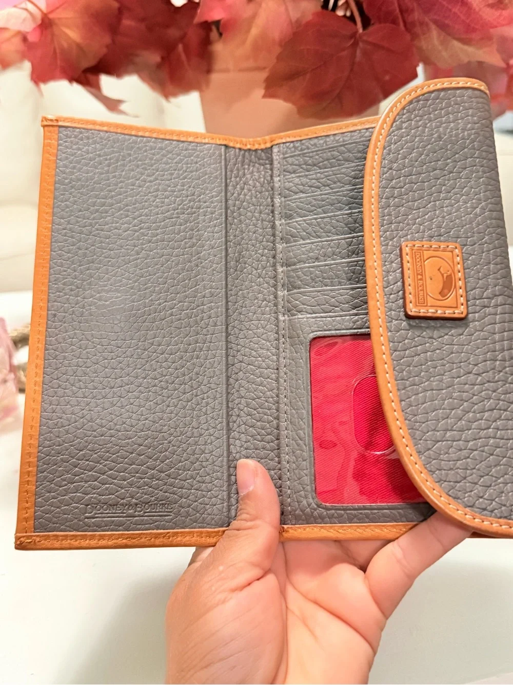 Dooney & Bourke Gray Pebbled Leather Wallet with Orange Trim